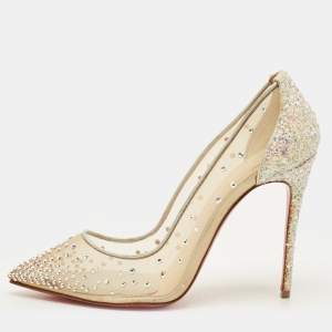 Pre Owned Christian Louboutin Follies Strass Size 37.5 Beige Glitter and Mesh Pumps