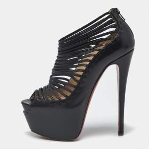 Pre Owned Christian Louboutin Zoulou Size 38.5 Black Leather Peep Toe Pumps