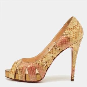 مملوكة مسبقًا Christian Louboutin Size 39.5 Metallic Python Leather Cutout Peep Toe Pumps