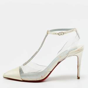 Pre Owned Christian Louboutin Nosy Size 36 White/Transparent PVC and Satin T-Strap Pumps