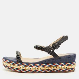 Pre Owned Christian Louboutin Pyraclou Size 40 Multicolor Denim and Leather Studded Ankle Strap Platform Sandals