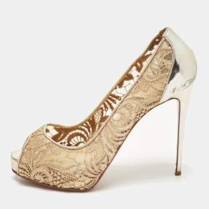 Pre Owned Christian Louboutin Lady Peep Size 39.5 Pink/Silver Flora Lace and Patent Leather Platform Pumps