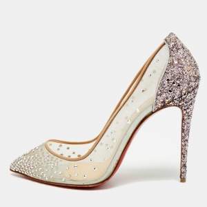Pre Owned Christian Louboutin Follies Strass Size 38.5 Tricolor Glitter and Mesh Pumps