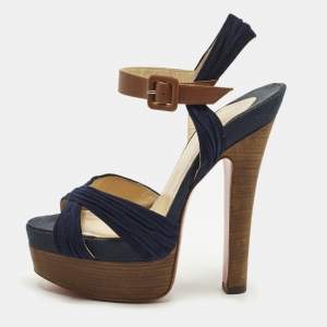 Pre Owned Christian Louboutin Size 36 Navy Blue/Brown Leather and Suede Ankle Strap Platform Sandals