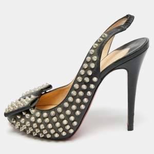 مملوكة مسبقًا Christian Louboutin Clou Noeud Size 39 Black Leather Spikes Slingback Pumps