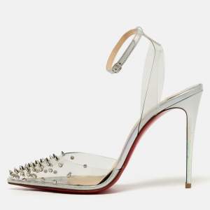 Pre Owned Christian Louboutin Spikoo Size 37.5 Transparent Iridescent Leather and PVC Ankle Strap Pumps