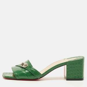 مملوكة مسبقًا Christian Louboutin Size 38 Green Croc Embossed Leather Lock Art Slide Sandals