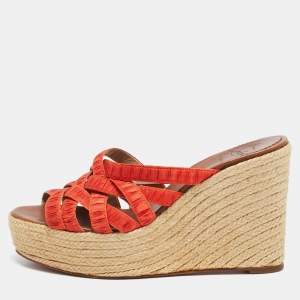 مملوكة مسبقًا Christian Louboutin Delfin Size 38 Orange Fabric Wedge Sandals
