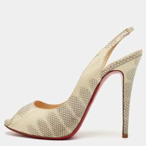 مملوكة مسبقًا Christian Louboutin Private Number Size 40 Cream/Grey Snakeskin Leather Peep Toe Slingback Pumps