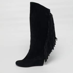 مملوكة مسبقًا Christian Louboutin Size 37 Black Suede Fringe Knee Length Boots