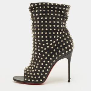 Pre Owned Christian Louboutin Guerilla Size 38 Black Leather Spike Open Toe Slouchy Ankle Length Boots