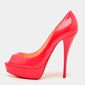 مملوكة مسبقًا Christian Louboutin Lady Peep Size 37 Neon Pink Leather Platform Peep Toe Pumps