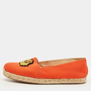 Pre Owned Christian Louboutin Gala Size 40 Orange Canvas Embroidered Crest Espadrille Flats