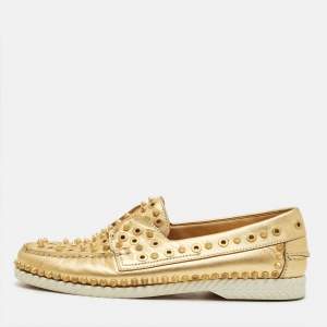 Pre Owned Christian Louboutin Yatch Spike Size 40.5 Gold Leather Loafers