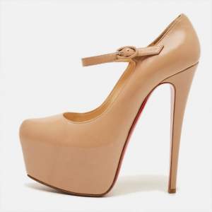 Pre Owned Christian Louboutin Lady Daf Size 37 Beige Leather Platform Mary Jane Pumps
