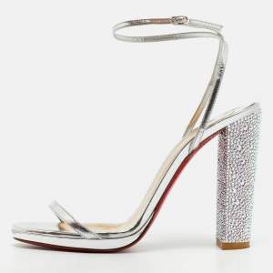 Pre Owned Christian Louboutin Size 39 Silver Leather Crystal Embellished Block Heel Ankle Strap Sandals