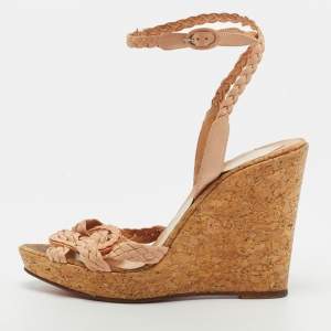 Pre Owned Christian Louboutin Marilou Size 39 Beige Cork Woven Leather Ankle Strap Wedge Sandals
