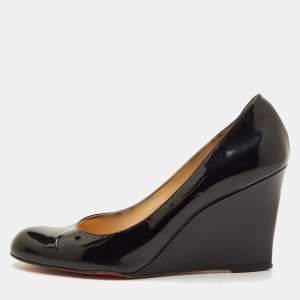 Pre Owned Christian Louboutin Ron Ron Size 38 Black Patent Leather Wedge Pumps