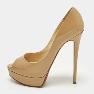 مملوكة مسبقًا Christian Louboutin Lady Peep Size 39 Beige Patent Leather Platform Pumps