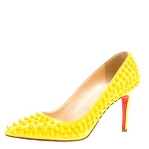 Pre Owned Christian Louboutin Canary Yellow Patent Leather Pigalle Spikes Pumps Size 37.5