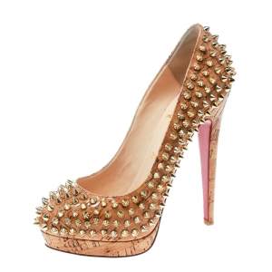 Pre Owned Christian Louboutin Beige Cork Alti Spike Platform Pumps Size 36.5