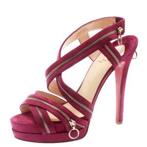 Pre Owned Christian Louboutin Pink Suede Rodita Zipper Detail Platform Sandals Size 39 