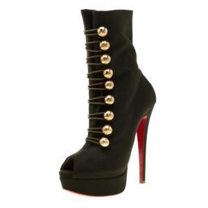 Pre Owned Christian Louboutin Green Fabric Peep Toe Platform Ankle Boots Size 37.5