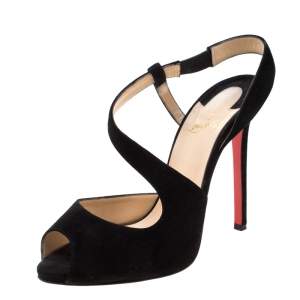 Pre Owned Christian Louboutin Black Suede Peep Toe Cross Strap Slingback Sandals Size 39