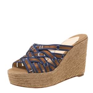 Pre Owned Christian Louboutin Two Tone Buckle Printed Satin Strappy Wedge Espadrille Platform Sandals Size 37