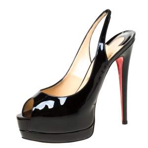 مملوكة مسبقًا Christian Louboutin Black Patent Leather Palais Royal Peep Toe Platform Slingback Sandals Size 38.5