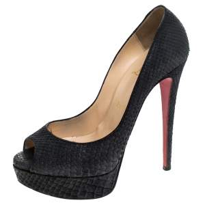 حذاء كعب عالي كريستيان لوبوتان ليدي مقدمة مفتوحة نعل سميك جلد ثعبان أسود مقاس 37.5