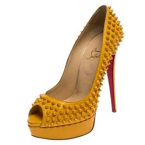 Pre Owned Christian Louboutin Mustard Leather Lady Peep Toe Spike Platform Pumps Size 39