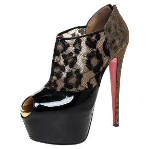 Christian Louboutin Black Leopard Print Lamé Fabric/Lace and Patent Leather Aerontoc Peep Toe Platform Booties Size 39