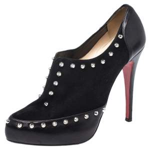 Pre Owned Christian Louboutin Black Leather And Suede V Vamp Spike Studded Booties Size 38