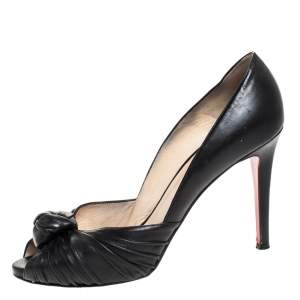 Pre Owned  Christian Louboutin Black Leather Knot Peep Toe Pumps Size 38