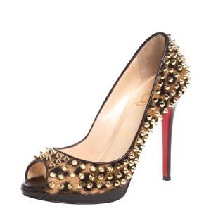Pre Owned Christian Louboutin Leopard Print Calfhair Yolanda Spikes Peep Toe Pumps Size 37