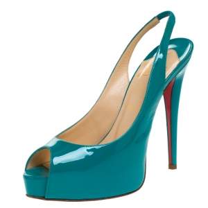 Pre Owned Christian Louboutin Green Patent Leather Lady Peep Slingback Pumps Size 38
