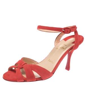 Pre Owned Christian Louboutin Tangerine Suede Trezuma Ankle Strap Sandals Size 37