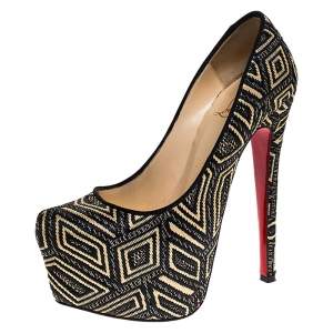 مملوكة مسبقًا Christian Louboutin Black/Beige Geometric Design Raffia Daffodile Pumps Size 35.5
