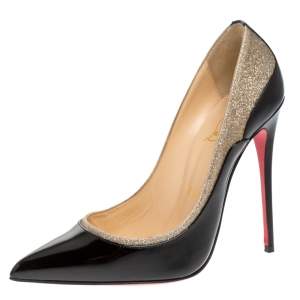 Pre Owned Christian Louboutin Black/Beige Glitter and Patent Leather Tucsick Pumps Size 37