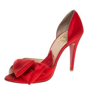 مملوكة مسبقًا Christian Louboutin Red Satin Bow D'Orsay Open Toe Pumps Size 39.5