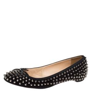 مملوكة مسبقًا Christian Louboutin Black Suede Spiked Big Kiss Ballet Flats Size 40