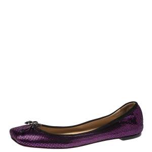 Pre Owned Christian Louboutin Black/Metallic Pink Suede Rosella Bow Ballet Flats Size 37.5