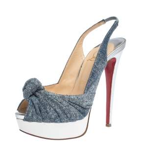 Pre Owned Christian Louboutin Tricolor Denim and Patent Leather Jenny Knotted Slingback Sandals Size 36