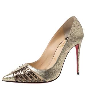 Pre Owned Christian Louboutin Gold Textured Leather Spiked Bareta Pumps Size 38