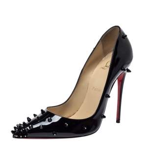 Pre Owned Christian Louboutin Black Patent Leather Diamond Spike Pumps Size 37.5