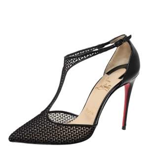 Pre Owned Christian Louboutin Black Lace T-Strap Salonu Pumps Size 36.5