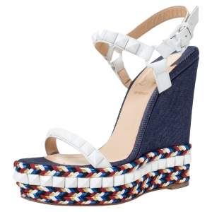 Pre Owned Christian Louboutin White Leather Cataclou Denim Wedge Platform Ankle Strap Sandals Size 37