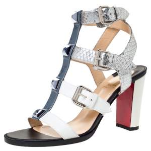 Pre Owned Christian Louboutin Multicolor Leather And Patent Rocknbuckle Block Heel Sandals Size 37.5