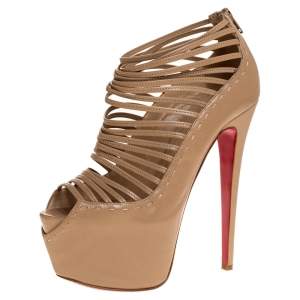 Pre Owned Christian Louboutin Beige Leather Zoulou Platform Peep Toe Cage Sandals Size 38.5